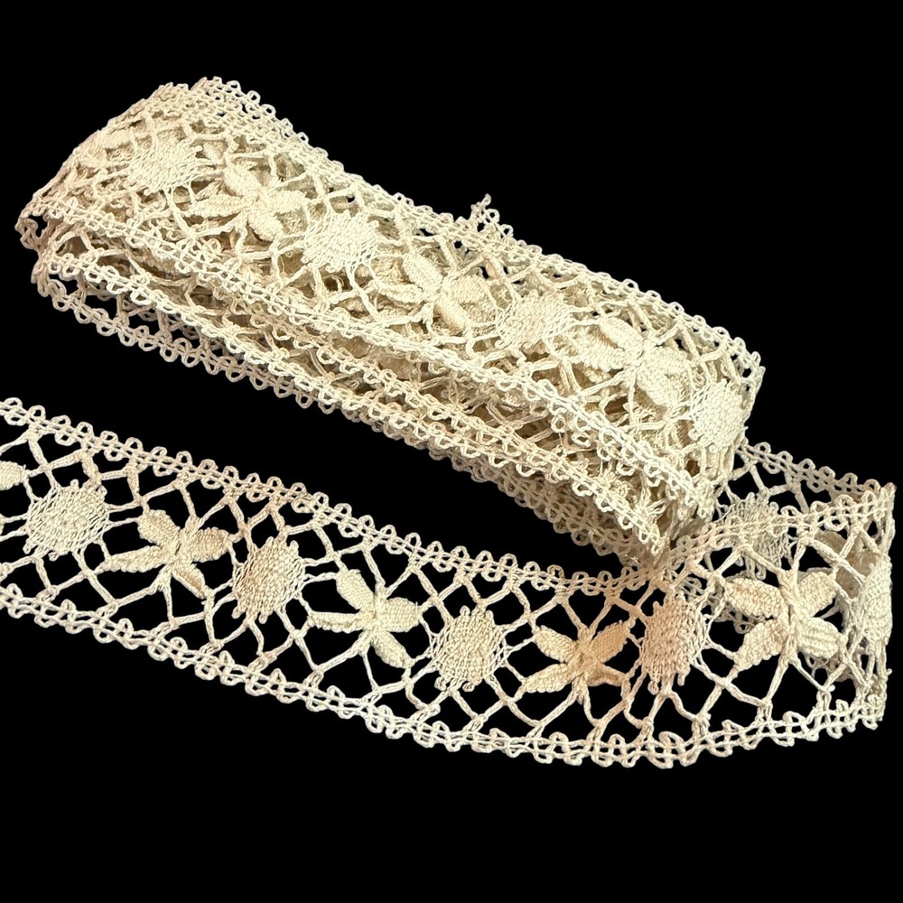 Vintage Handmade Bobbin Lace Trim Insertion Ecru Cotton 1in Wide 60in 1.6 Yards